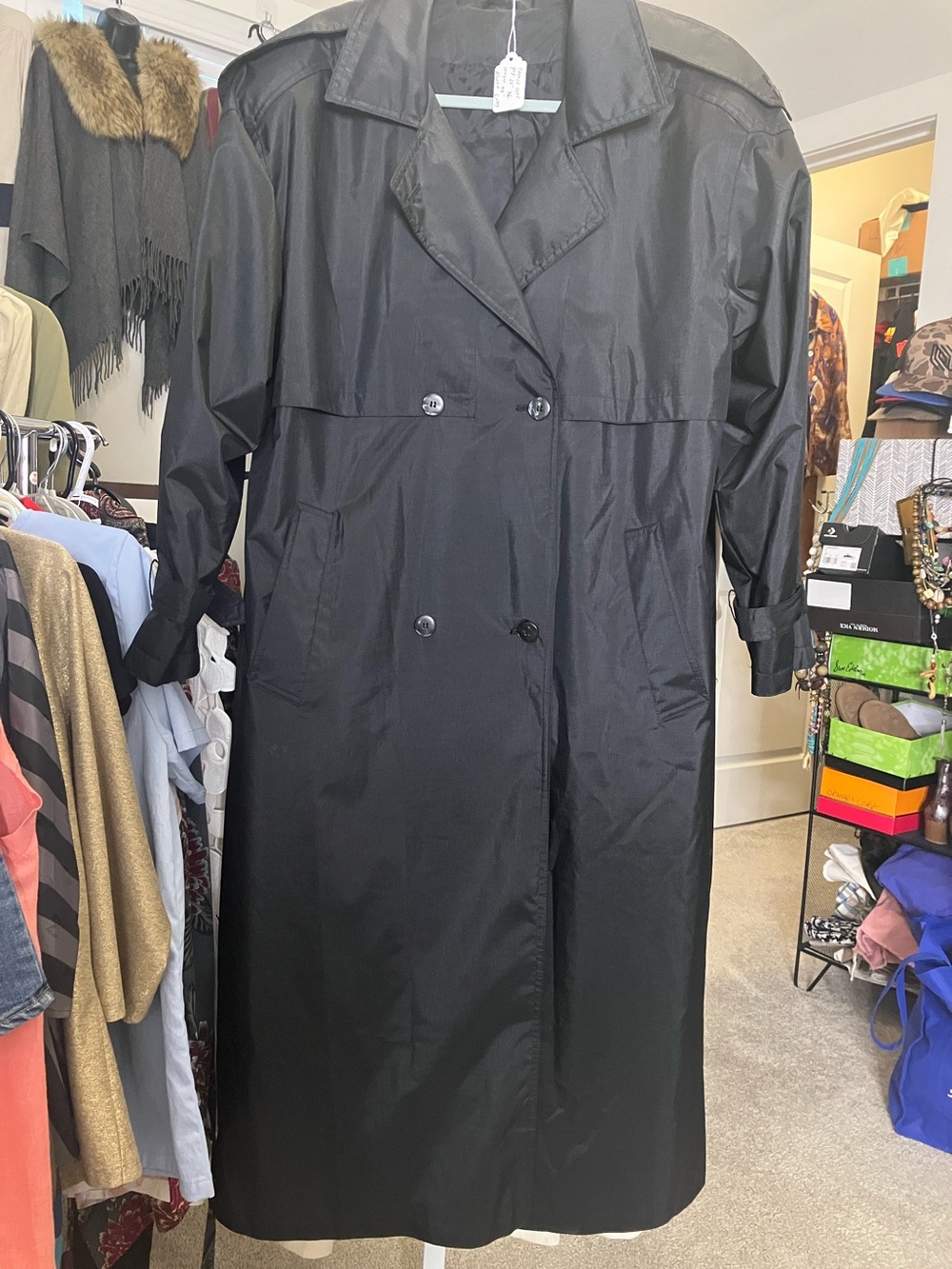 Vintage Black Double-Breasted Trench Coat - Women's